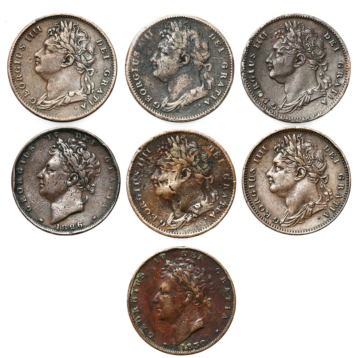 Wielka Brytania. George IV (1820-1830). Farthing 1821-1830, zestaw 7 monet